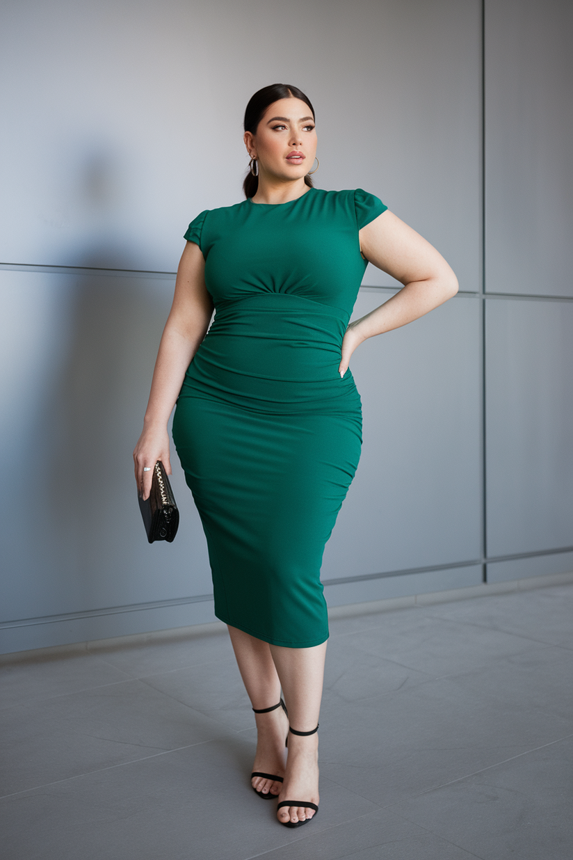 Plus-size woman in an emerald green fitted midi dress with black strappy heels, standing against a gray background.