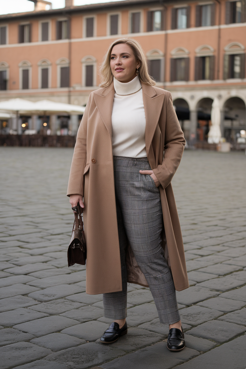 A plus-size woman in a camel coat, cream sweater, and plaid trousers for a winter outfit inspired by Italian fashion.