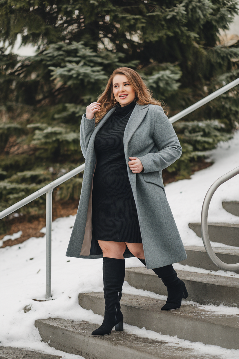 A plus-size woman in a gray coat, black dress, and black knee-high boots for a sleek winter outfit.