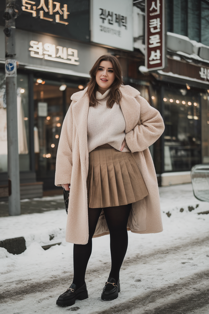 A plus-size woman in a cream teddy coat, brown skirt, and tights for a Korean-inspired winter look.