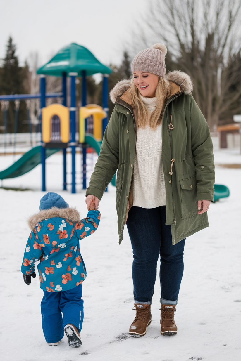 A plus-size woman in a green parka, dark jeans, and snow boots for a winter mom outfit.