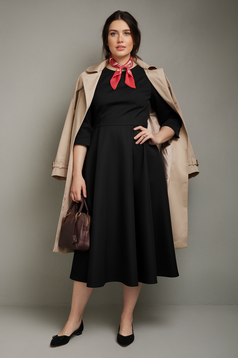 Plus-size woman in a black midi dress with a red scarf and beige trench coat, paired with black ballet flats, standing against a gray background.