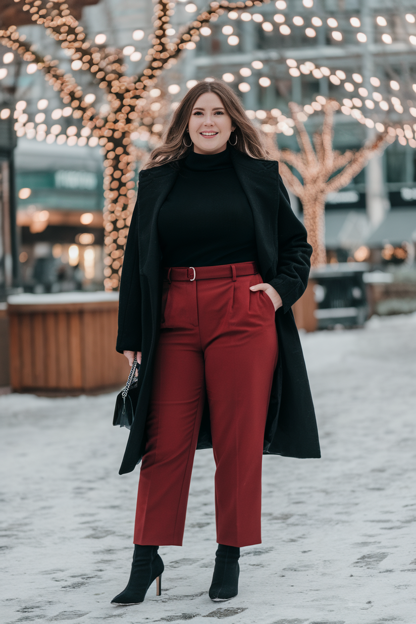 A plus-size woman in red trousers and a black turtleneck for a bold winter look.