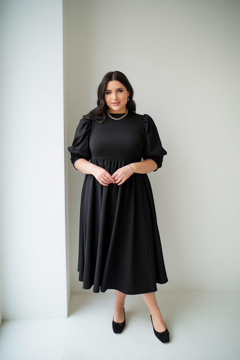 A plus-size soft girl outfit featuring a black flowy dress with puffed sleeves, styled with ballet flats for a sophisticated aesthetic.