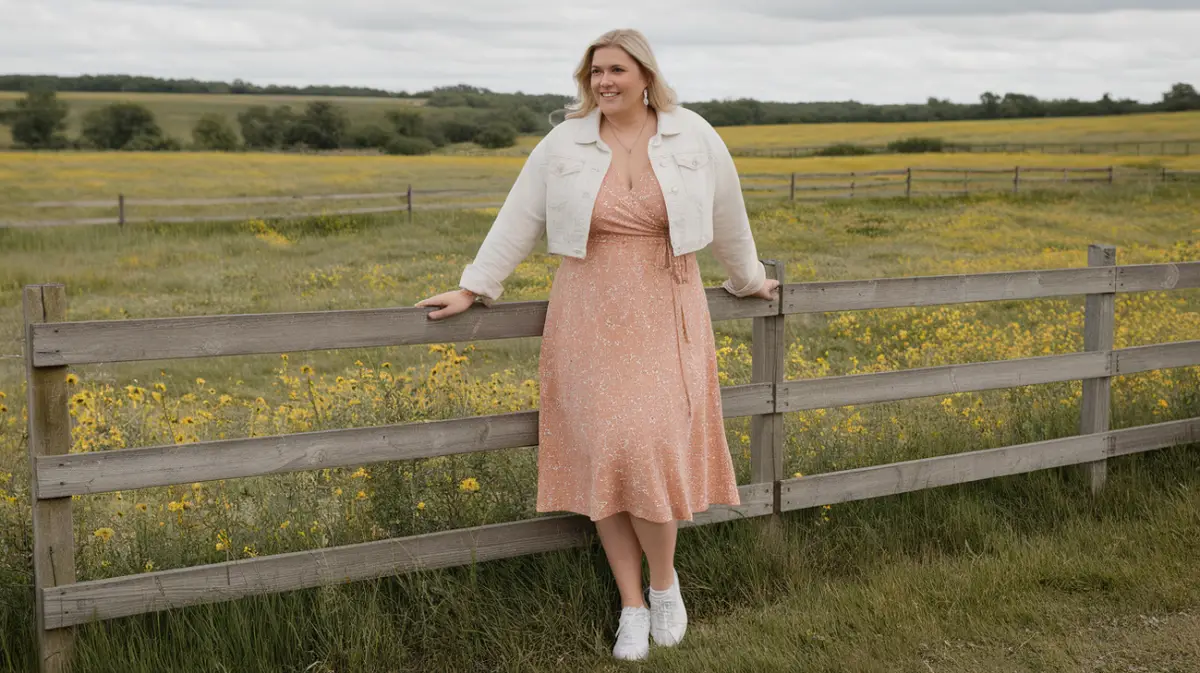 A plus-size woman in a peach floral wrap dress, white denim jacket, and white sneakers, standing by a wooden fence in a yellow flower-filled field.