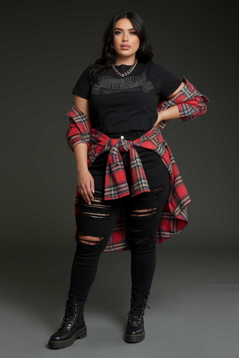 Plus-size woman in ripped black jeans, a graphic t-shirt, and plaid shirt with combat boots, standing against a gray background.