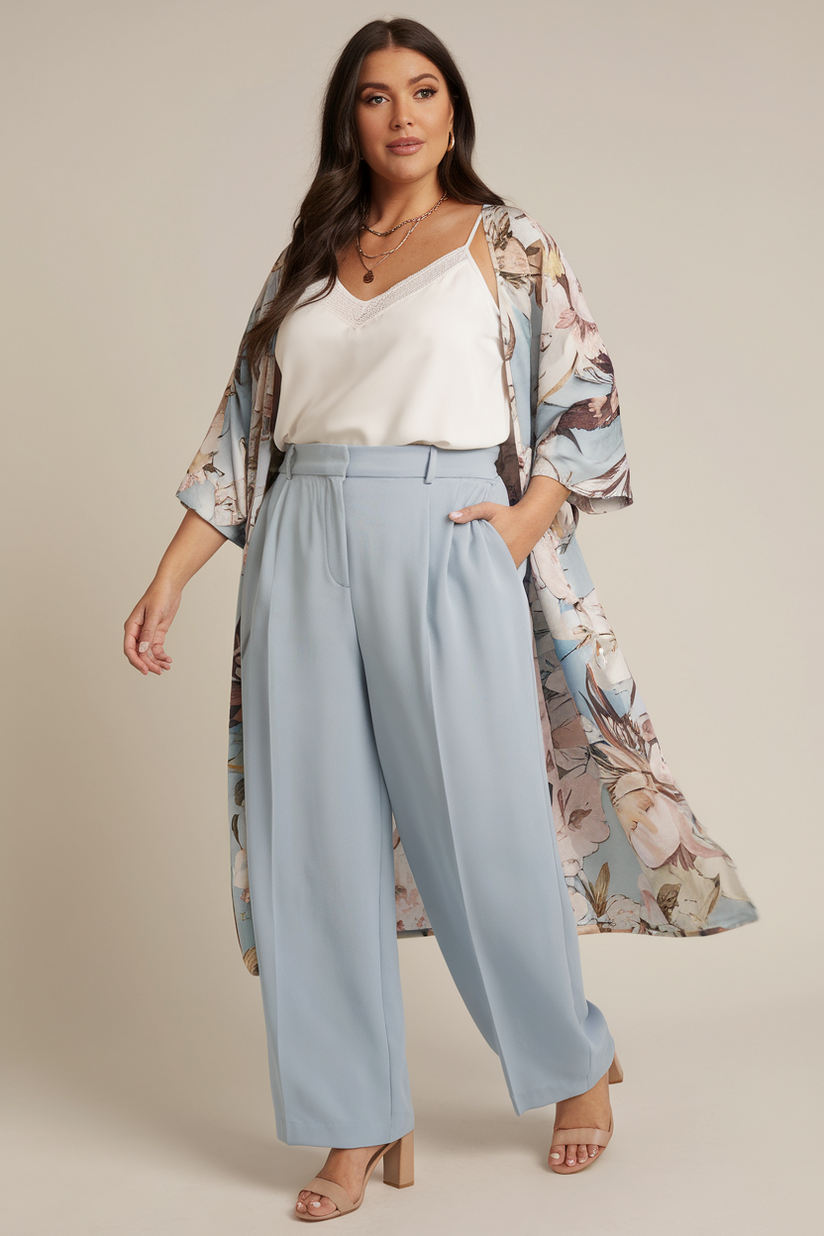 Plus-size woman in light blue trousers with a floral pastel kimono, nude heels, and gold jewelry, standing against a plain background.