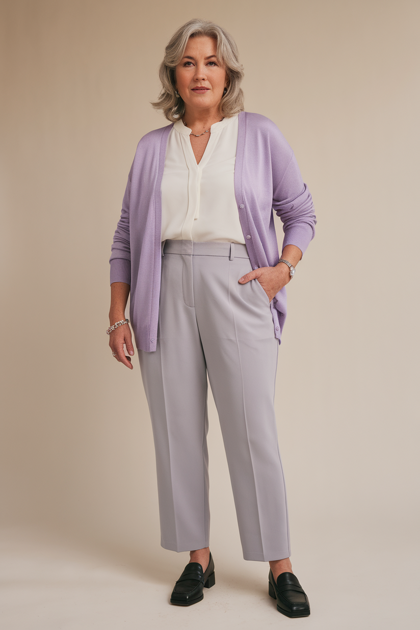 Plus-size woman in a lavender cardigan with white blouse and gray trousers, paired with black loafers, against a cream-colored background.