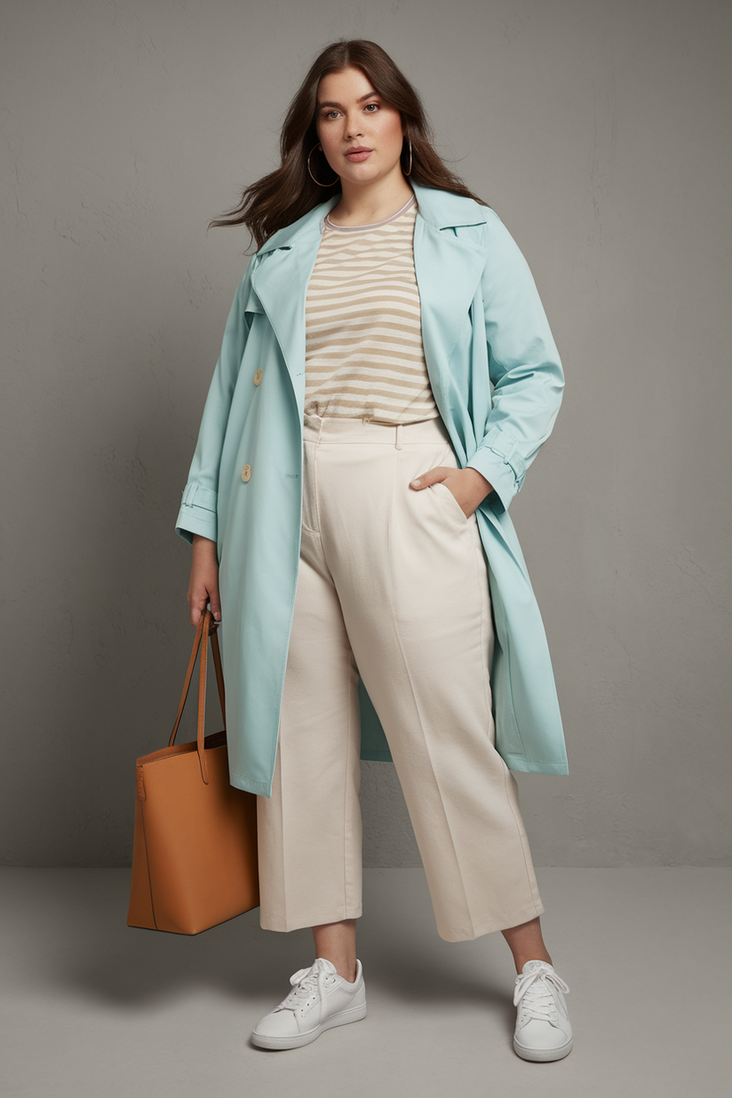 Plus-size woman in a pastel blue trench coat with beige trousers and white sneakers, standing against a gray background.