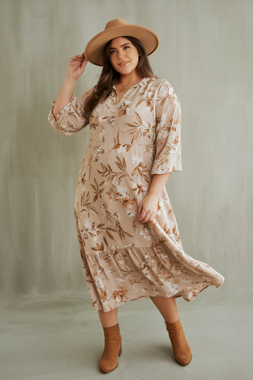 Plus-size woman in a tan floral midi dress with brown ankle boots, standing against a gray background.