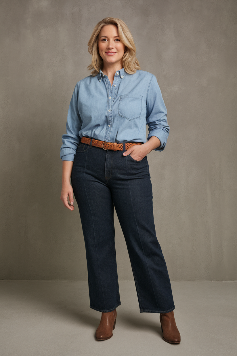 Plus-size woman in dark wash jeans and a light blue shirt with brown ankle boots, standing against a gray background.