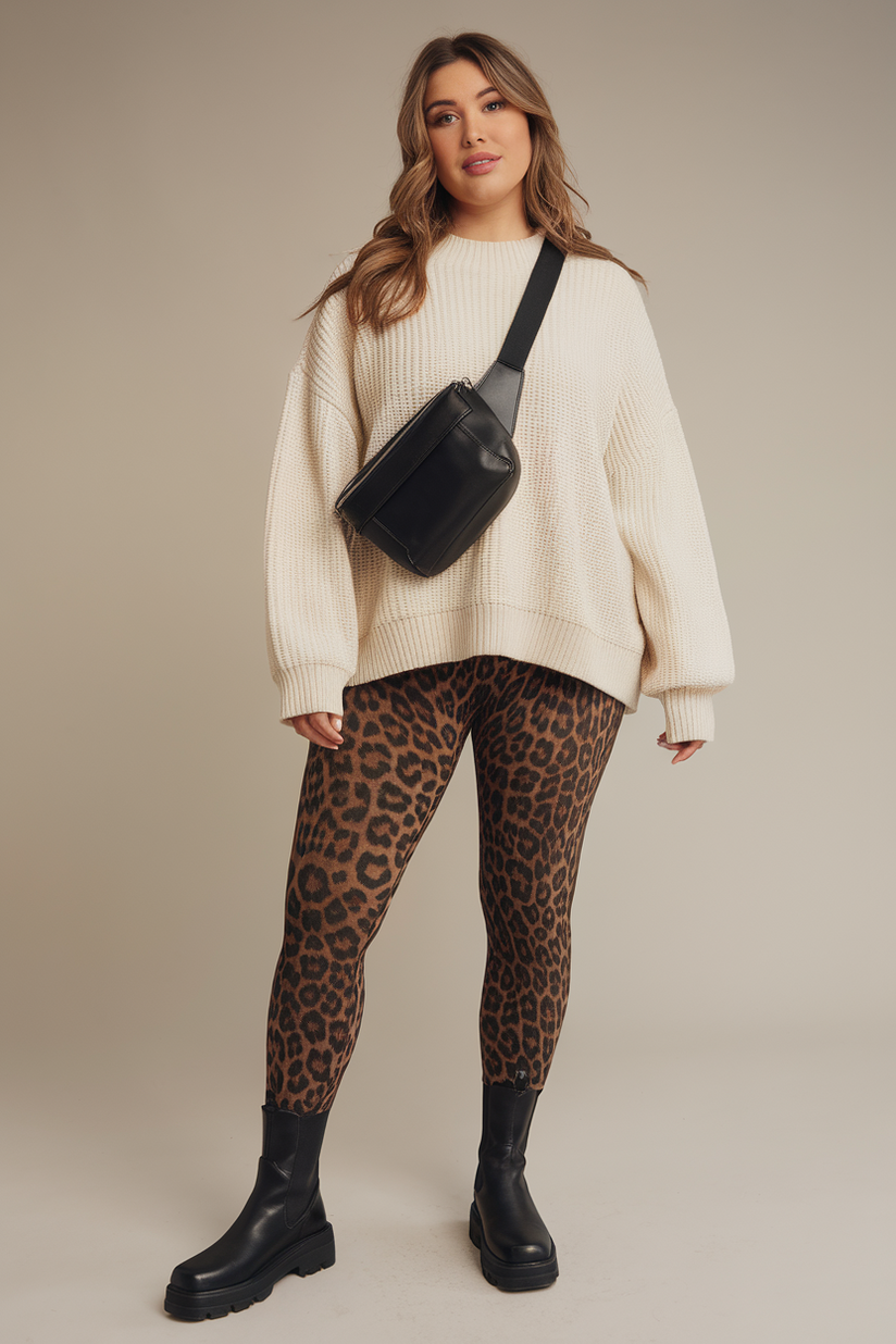 Plus-size woman in leopard print leggings with a white oversized sweater and black boots, standing against a beige background.