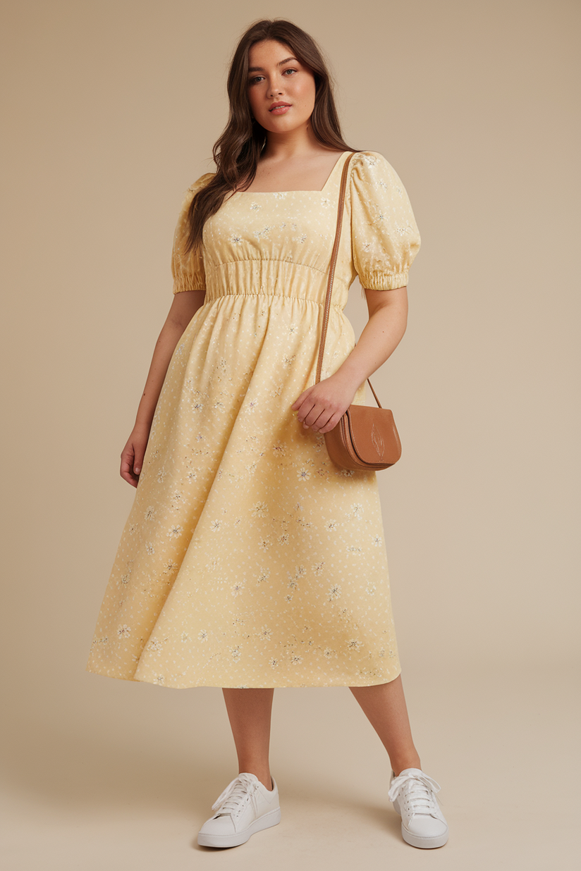 Plus-size woman wearing a pastel yellow floral midi dress with puffed sleeves and white sneakers against a beige background.