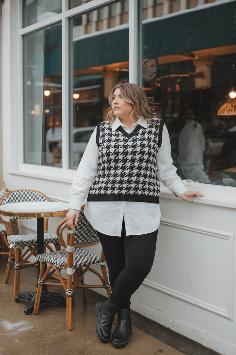 A plus-size woman in a houndstooth sweater vest, white shirt, and black leggings for a winter outfit.