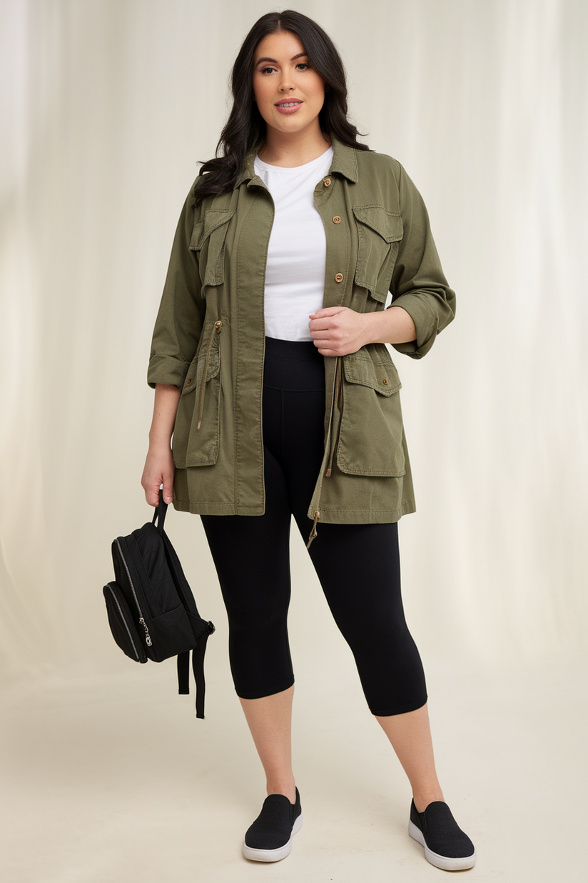 Plus-size woman wearing an olive green jacket, white t-shirt, and black cropped leggings with slip-on sneakers, standing against a beige backdrop.