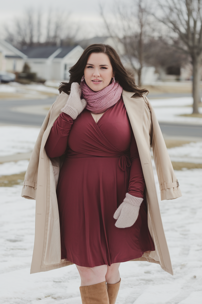 Plus-size winter outfit with a maroon dress, beige trench coat, and brown boots.