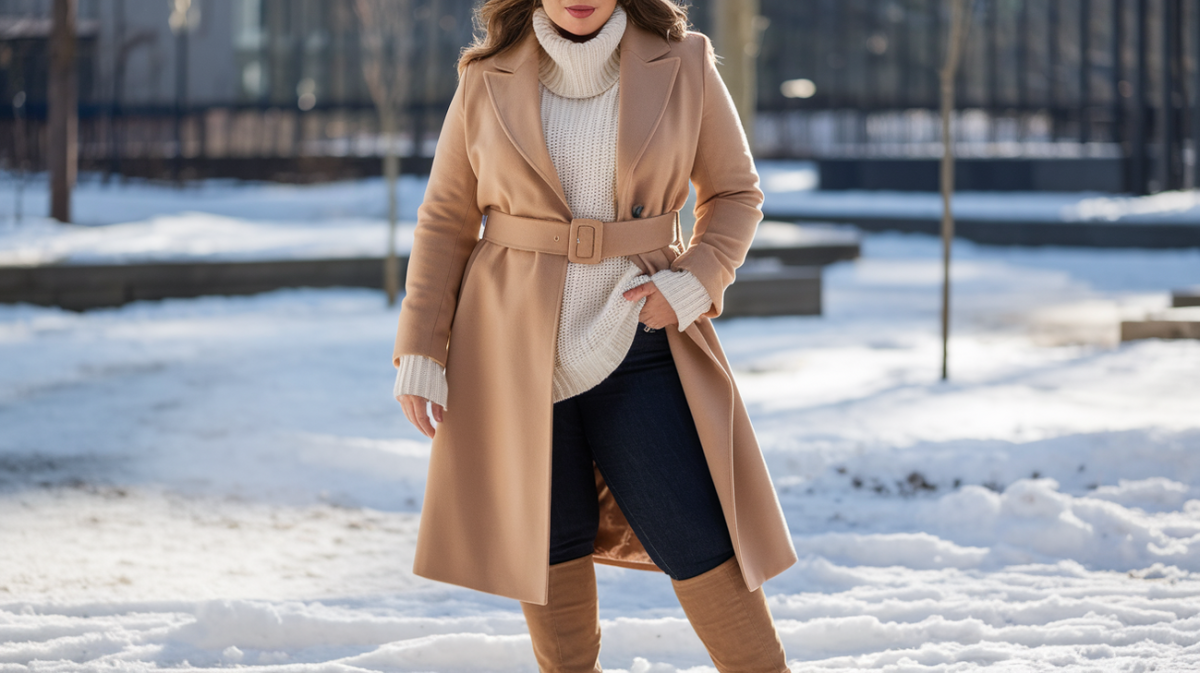 Plus-size woman in a camel coat, cream turtleneck sweater, and dark jeans with tan boots, styled for a snowy winter day.