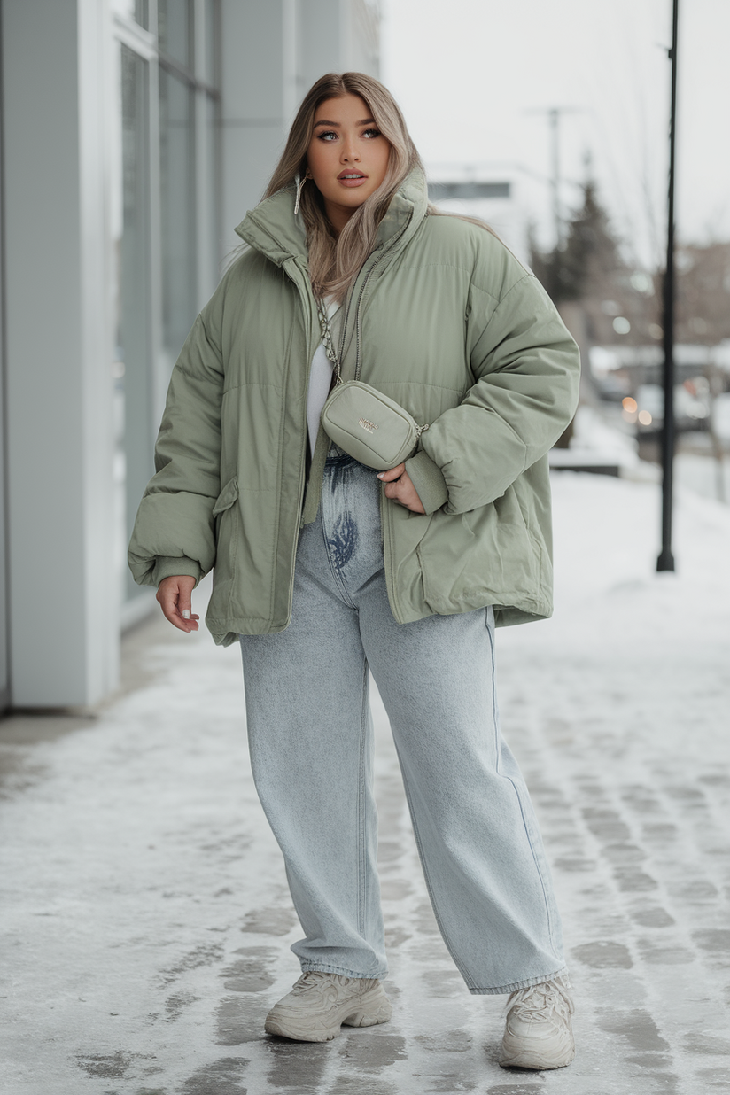 A plus-size woman in a sage green puffer jacket, baggy jeans, and chunky white sneakers, styled in Gen Z winter fashion.