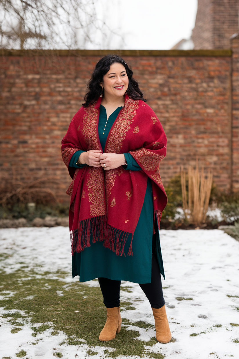 A plus-size woman in a red embroidered shawl over a green kurta and black leggings, ideal for winter.