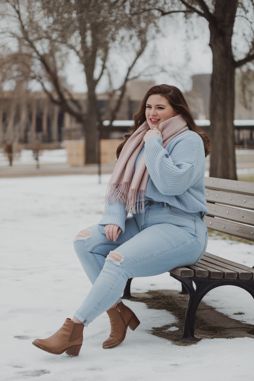 A plus-size woman in a light blue sweater, skinny jeans, and brown ankle boots for a casual winter outfit.