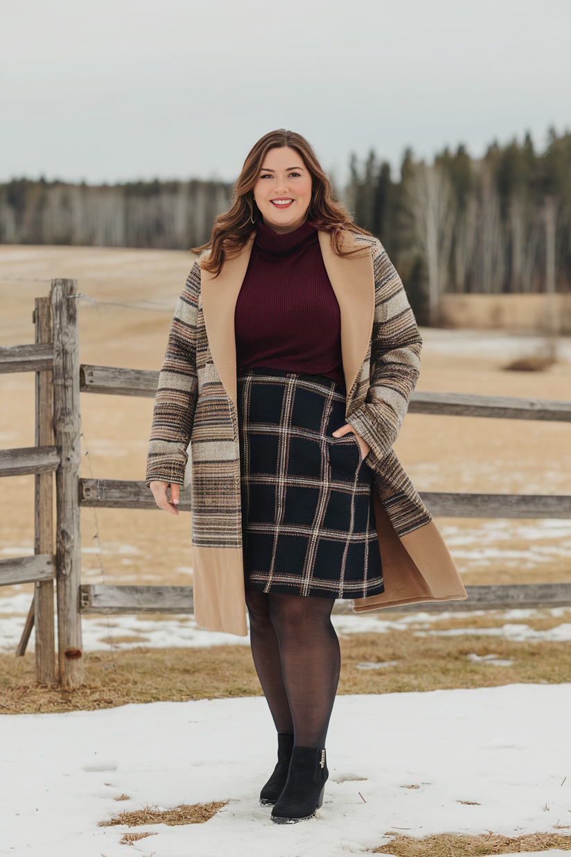 A plus-size woman in a plaid skirt, burgundy sweater, and black tights for a chic winter outfit.