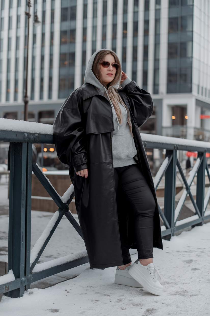 A plus-size woman in a black trench coat, gray hoodie, and leather pants for an urban winter look.