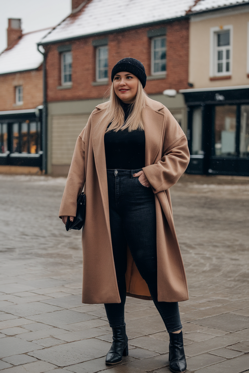 A plus-size woman in a camel coat, black jeans, and a black beanie, styled for a winter outfit.