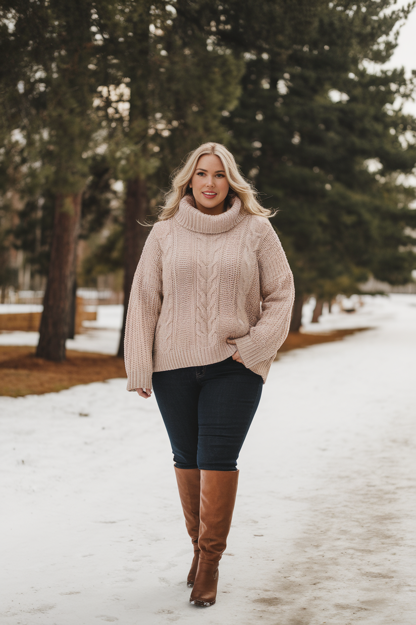 A plus-size woman in a beige sweater, dark skinny jeans, and knee-high brown leather boots, perfect for winter wear.