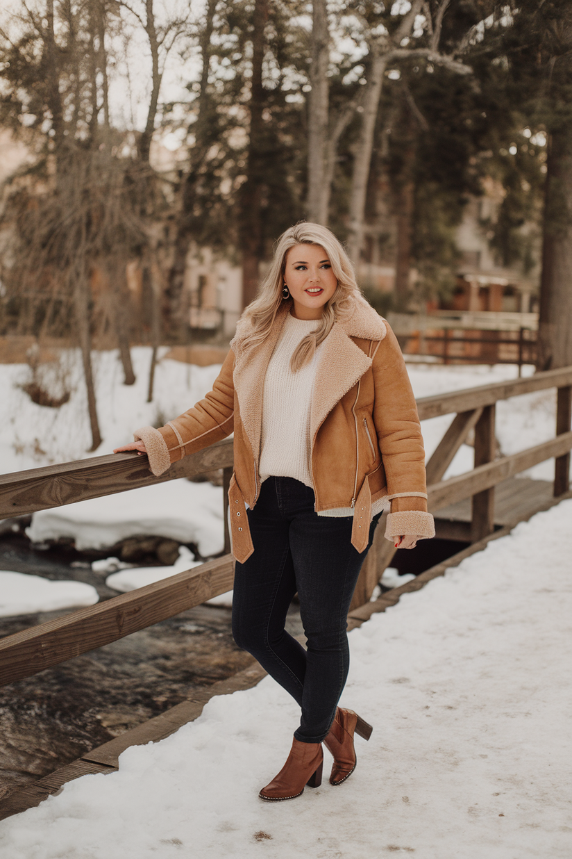 A plus-size woman in a tan shearling jacket, cream sweater, and brown boots, styled for winter.