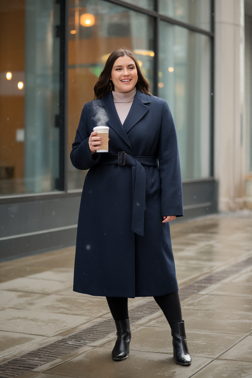 A plus-size woman in a navy wool coat with black leggings and ankle boots, styled for winter.