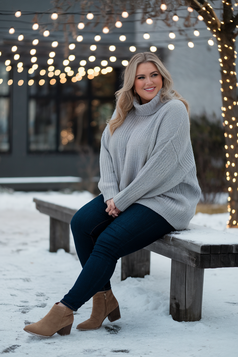 A plus-size woman in a gray knit sweater, skinny jeans, and tan suede boots, styled for winter.