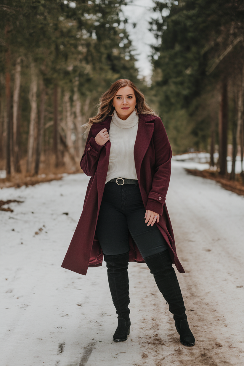 A plus-size woman in a wine wrap coat, white sweater, and black over-the-knee boots, styled for winter.