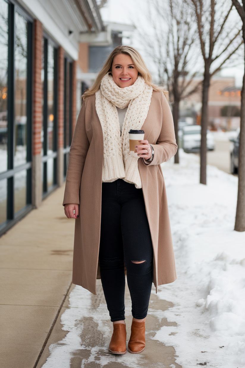 A plus-size woman in a tan coat, cream scarf, and black jeans for a cozy winter outfit.