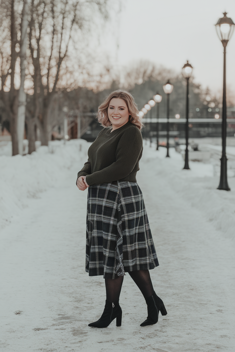 A plus-size woman in a plaid midi skirt, green sweater, and black boots for a stylish winter look.