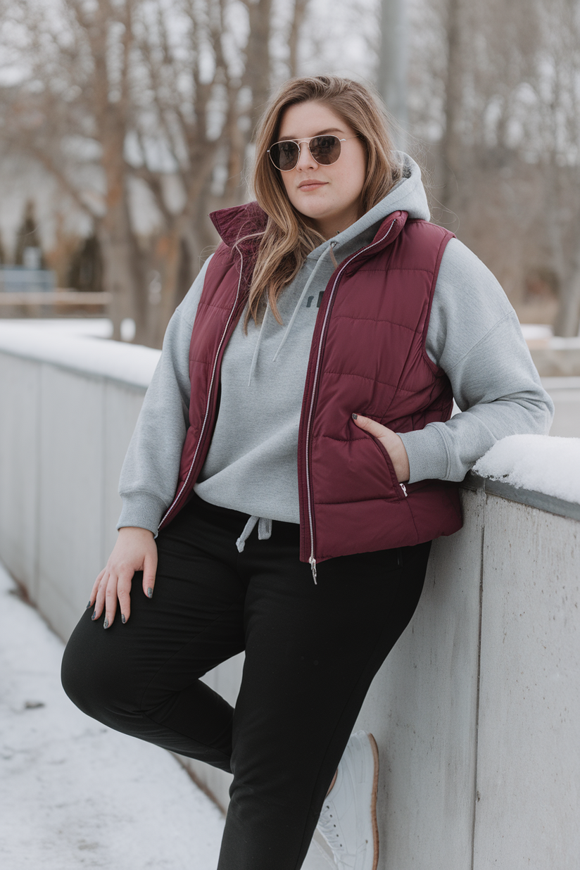 A plus-size woman in a burgundy puffer vest, gray hoodie, and white sneakers for a casual winter outfit.