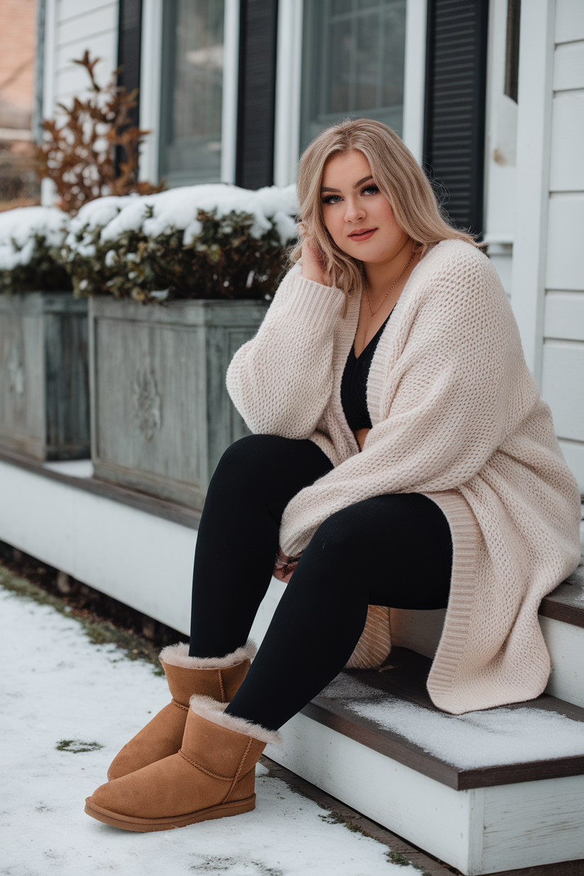 A plus-size woman in a cream cardigan, black leggings, and chestnut Ugg boots for a cozy winter outfit.