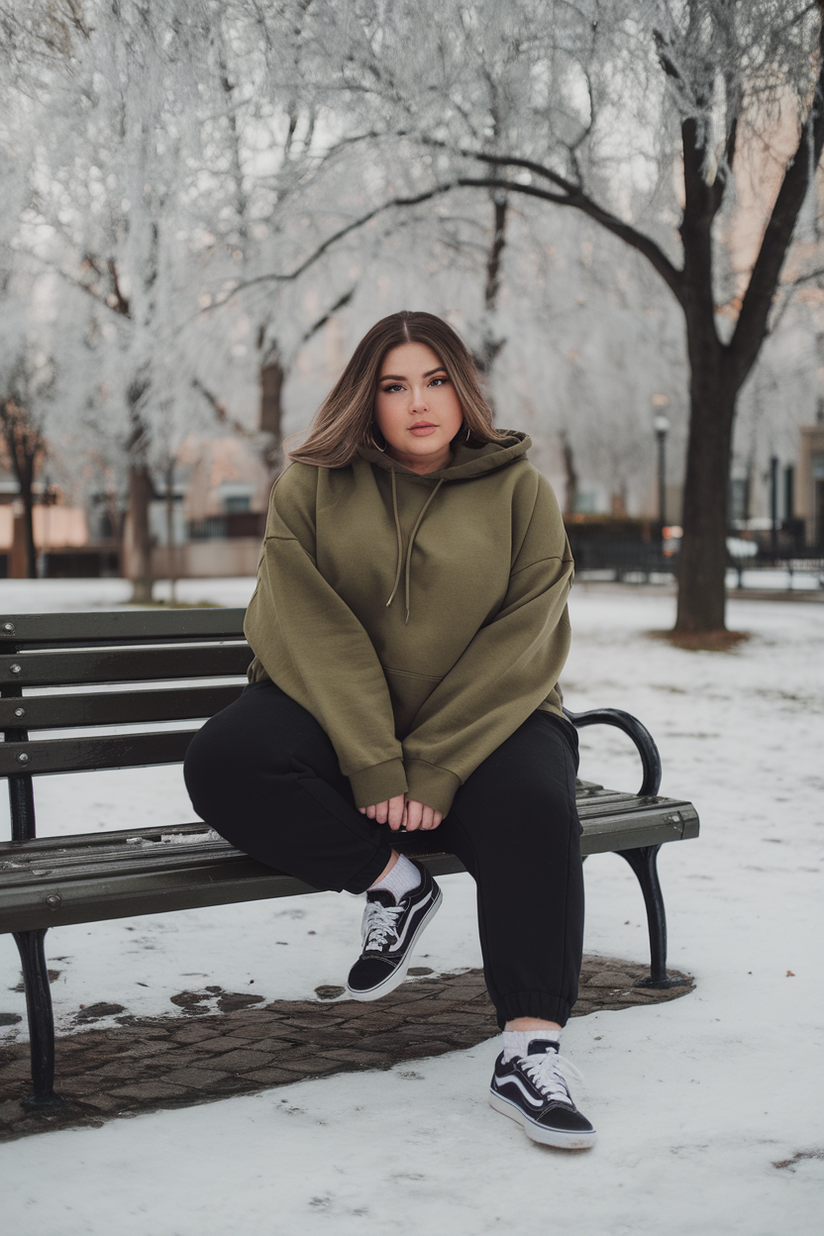 A plus-size woman in an olive hoodie, black joggers, and Vans sneakers for a relaxed winter look.