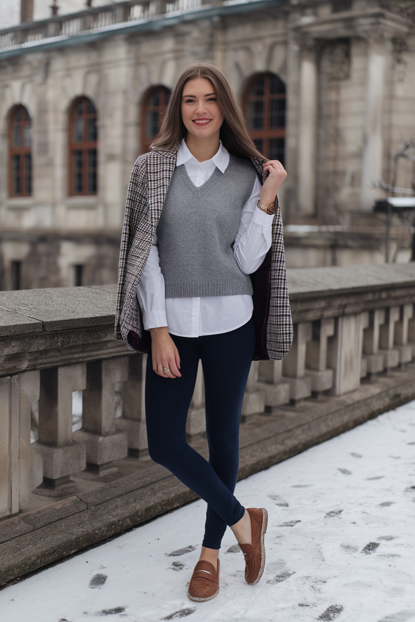 Preppy winter outfit with navy leggings, a plaid blazer, and a sweater vest.