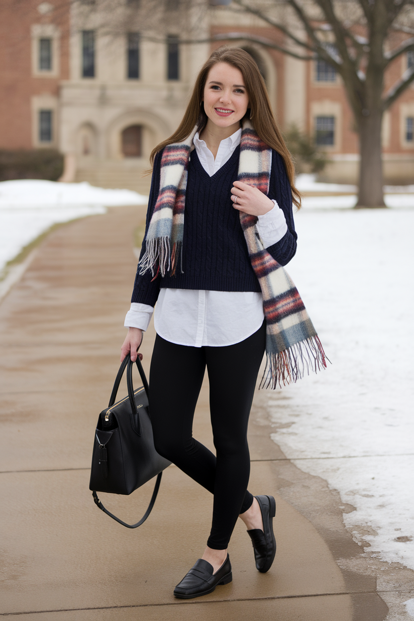 Preppy winter outfit with black leggings, a navy sweater, and a plaid scarf.