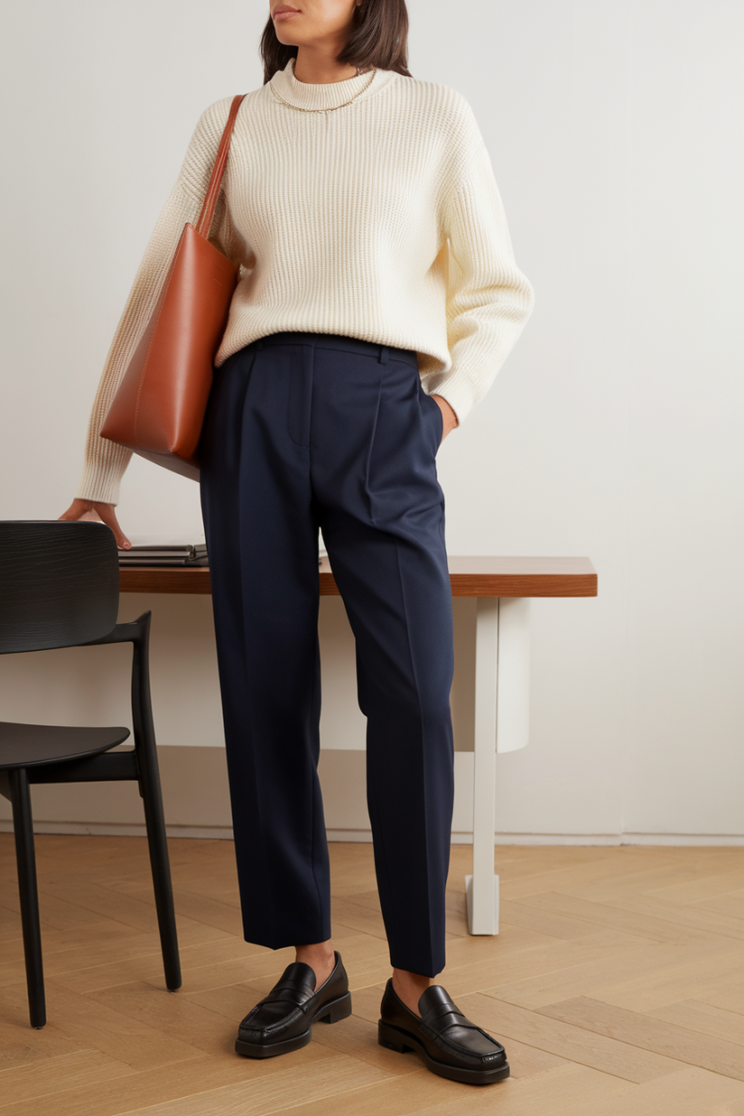 A woman in a cream sweater, navy trousers, and black loafers for a simple and quick winter work outfit.