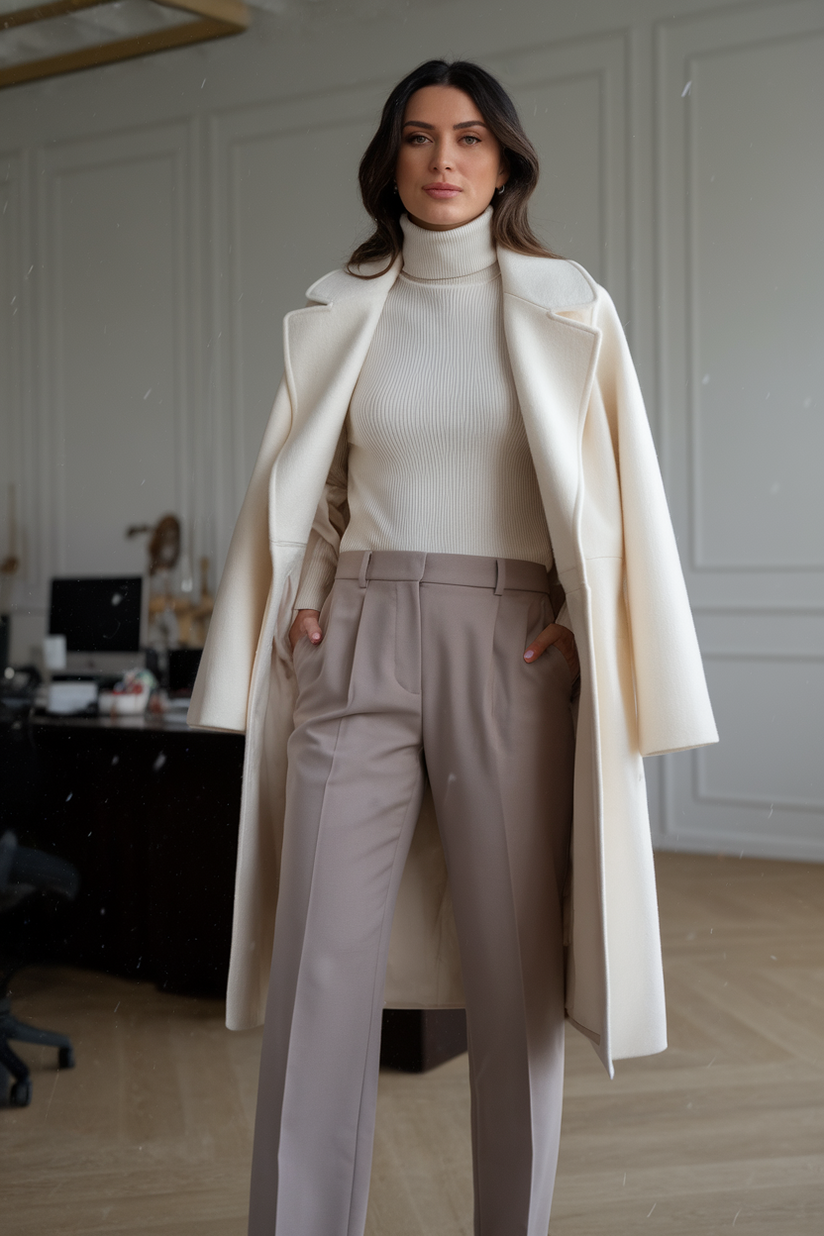 A woman in a cream cashmere turtleneck and taupe trousers for a luxurious and understated winter work look.