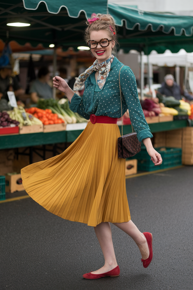 A quirky modest outfit with a mustard pleated skirt, teal polka-dot blouse, and red flats at a farmers