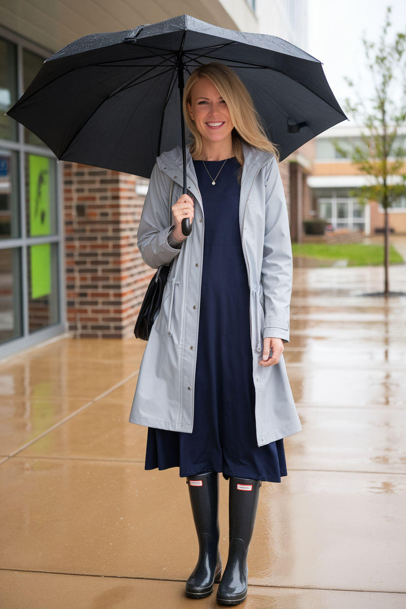 A light gray raincoat and navy midi dress styled for rainy spring work.