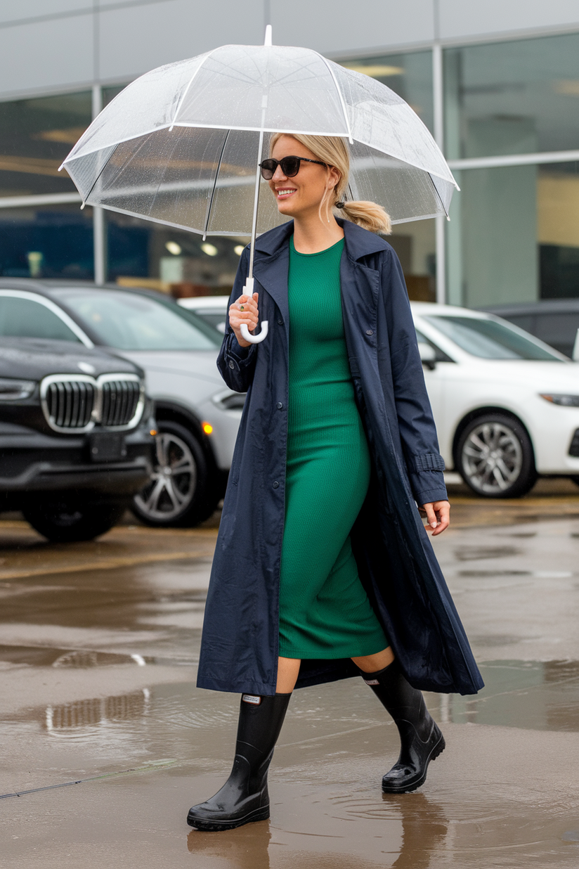 A navy trench coat and green midi dress styled with rain boots for a rainy spring workday.