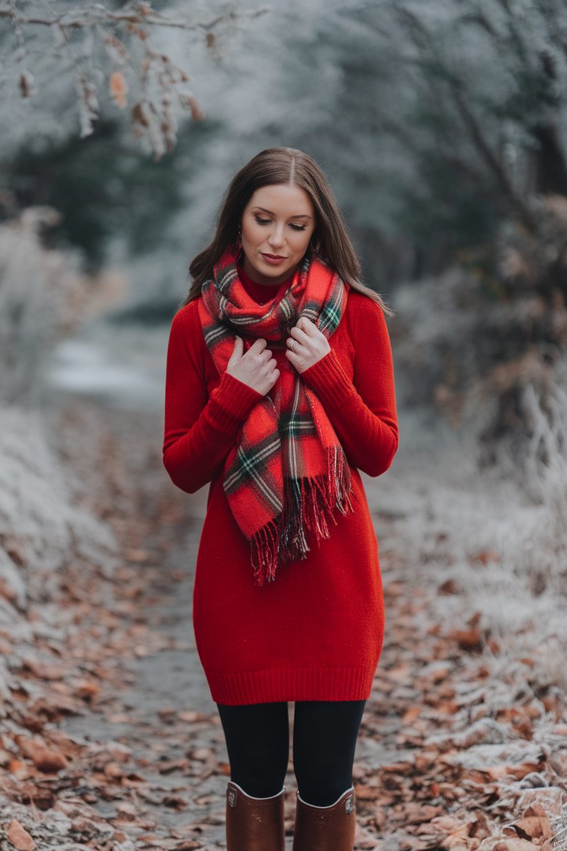 Winter fall outfit with a plaid scarf, red dress, and brown boots.