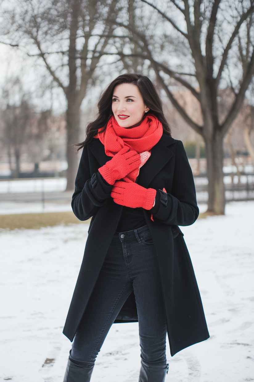 Winter outfit with a red scarf, black coat, and jeans.