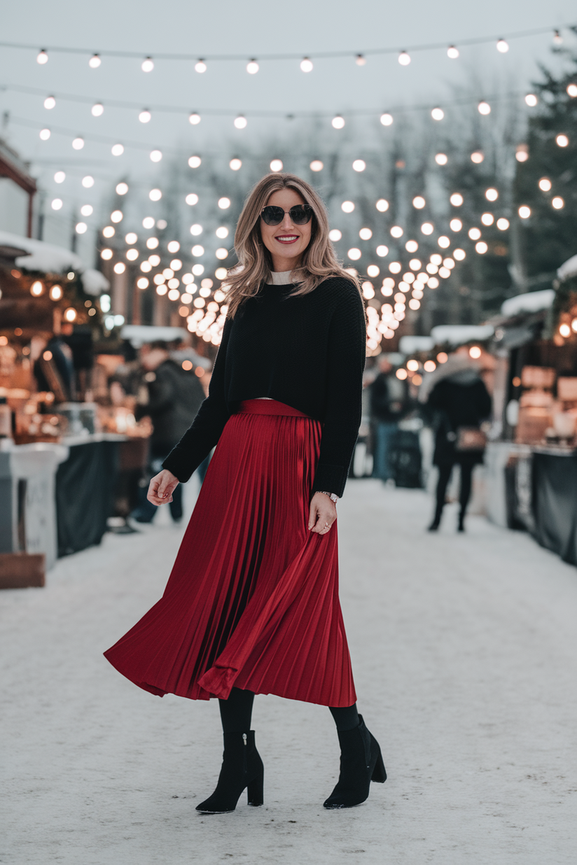 Winter outfit with a long red pleated skirt, black sweater, and heeled black ankle boots.