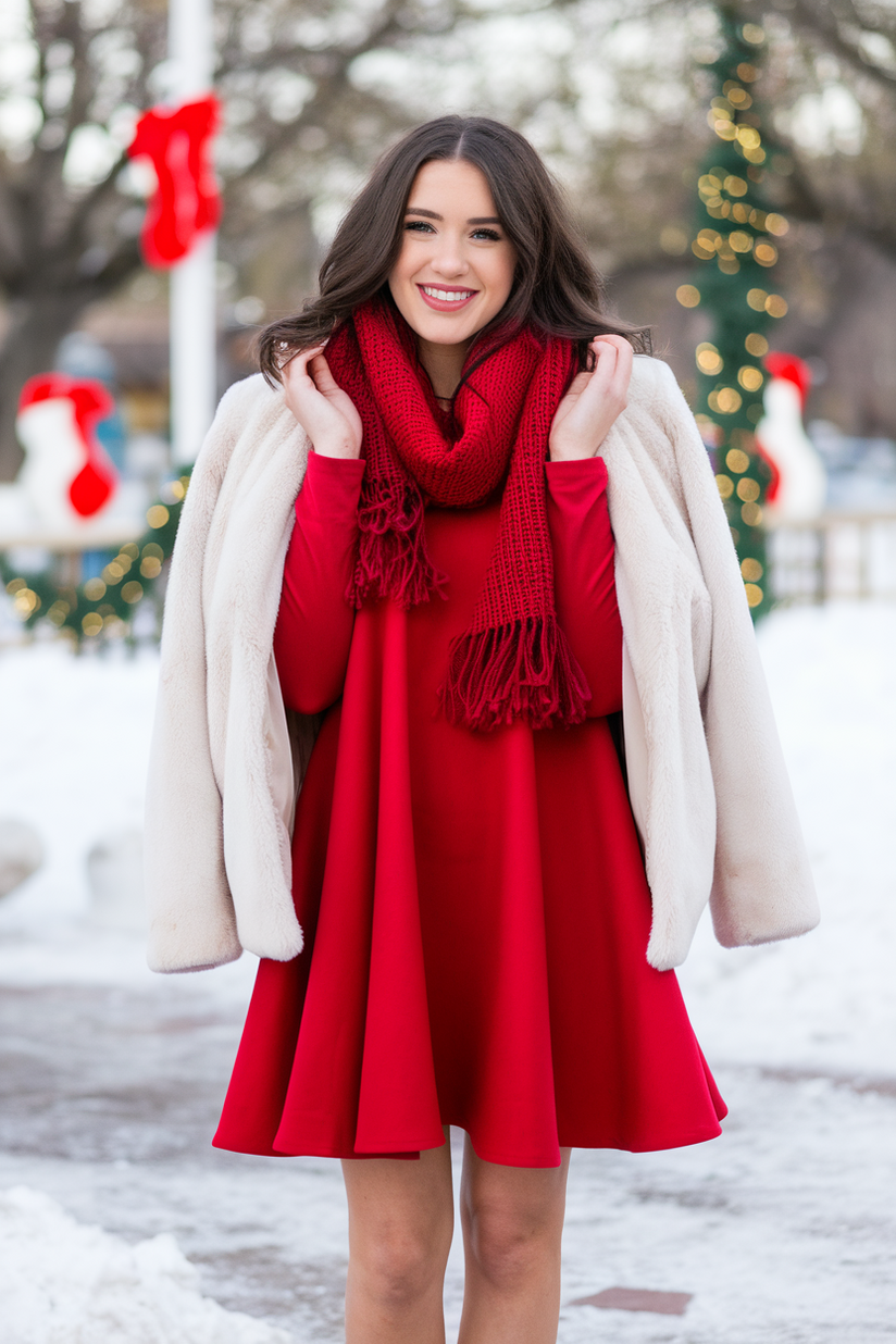 Winter outfit with a red swing dress, white coat, and beige ankle boots.