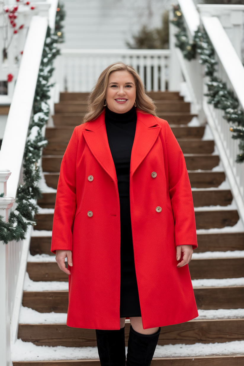 A plus-size woman in a red wool coat and black knee-high boots, styled for a vibrant winter look.