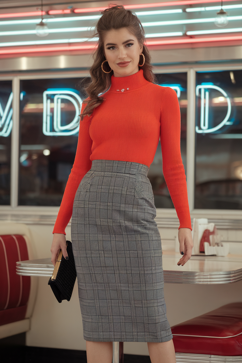 A modest 80s outfit with a plaid pencil skirt, red turtleneck, and black pumps styled at a retro diner.